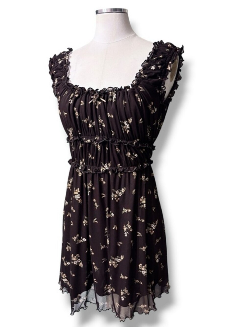 KIRIOUS LOS ANGELES Brown Floral Mesh Ruffle Trim Mini Dress Size XS NEW